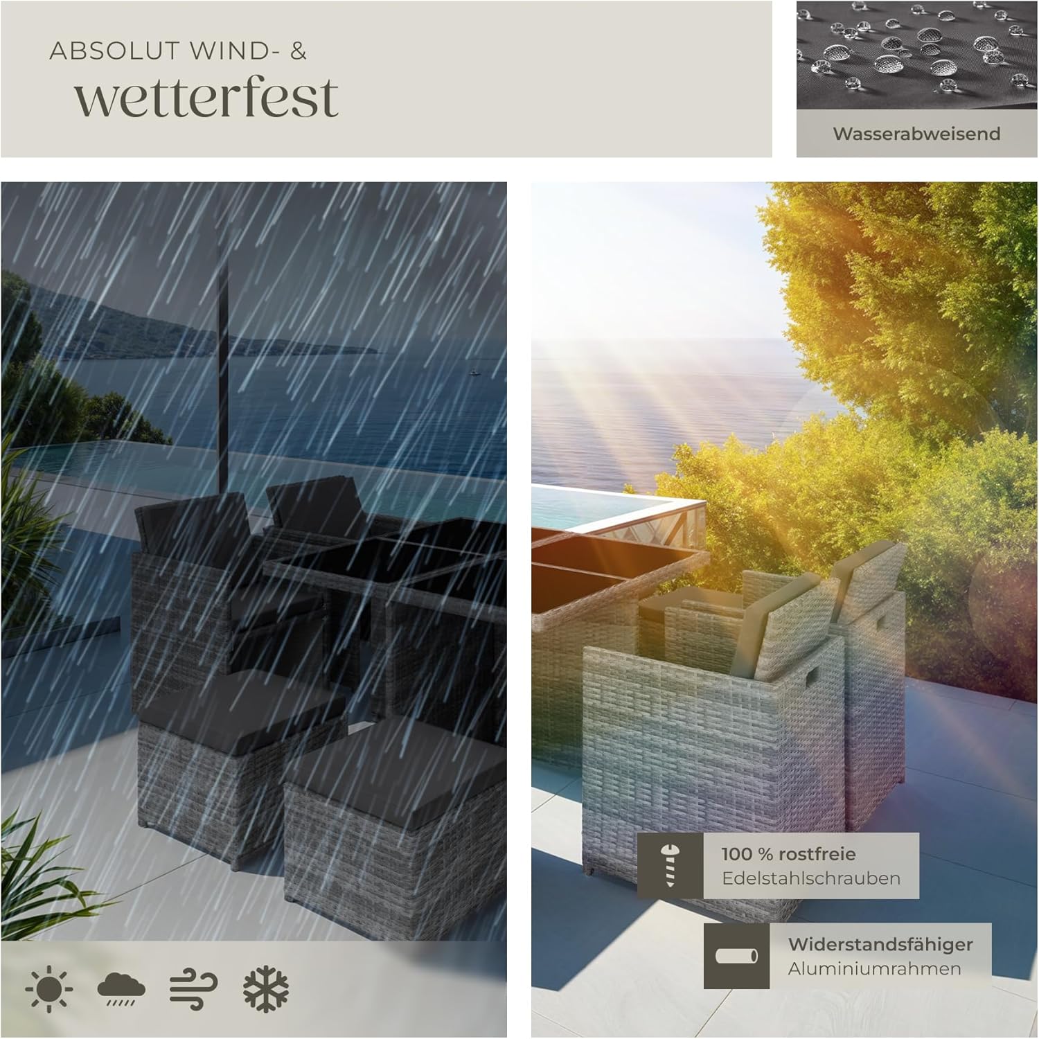 tectake Rattan Lounge Set mit Aluminiumgestell, 4 Stühle, 4 Hocker & Glastisch Wetterfeste Gartenmöbel