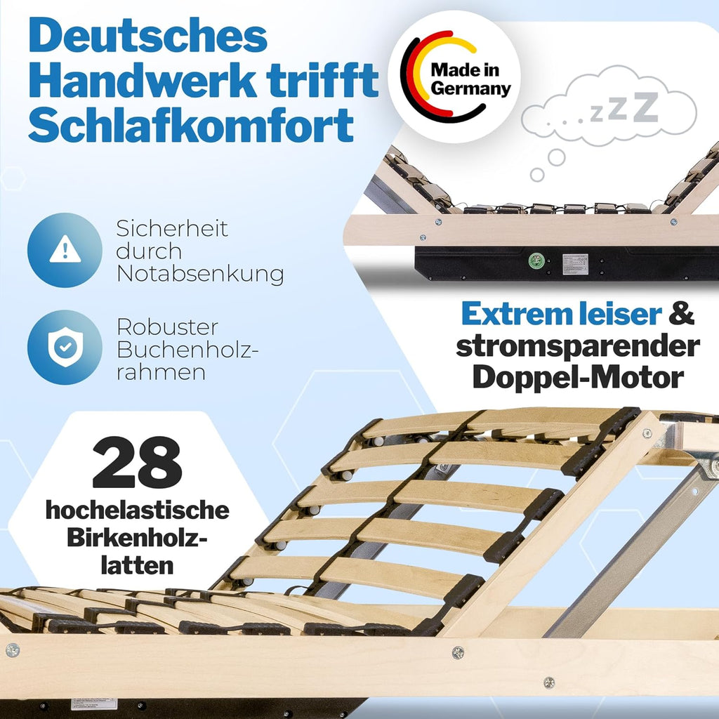 RehaSleep Elektrischer Lattenrost Komfort 28 Leisten Birkenholz verstellbar 7 Zonen ergonomisch Naturholz
