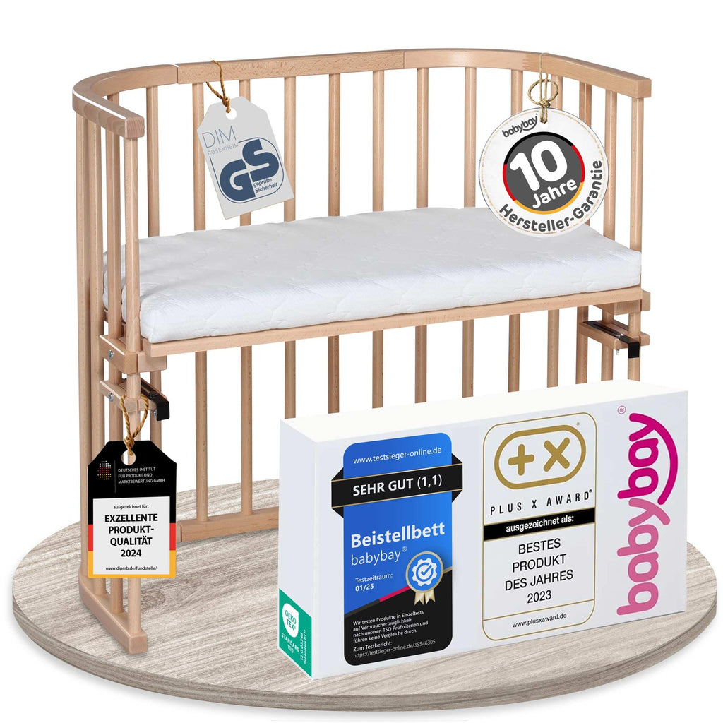 babybay Original Beistellbett aus massivem Buchenholz mit Matratze – Höhenverstellbares mitwachsendes Babybett