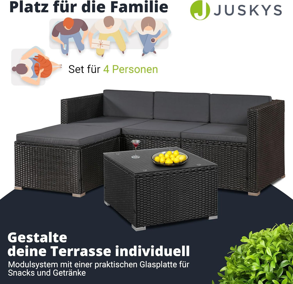 Juskys Polyrattan Lounge Set für 3-4 Personen mit Sofa, Hocker, Tisch & Kissen, Wetterfeste Gartenmöbel