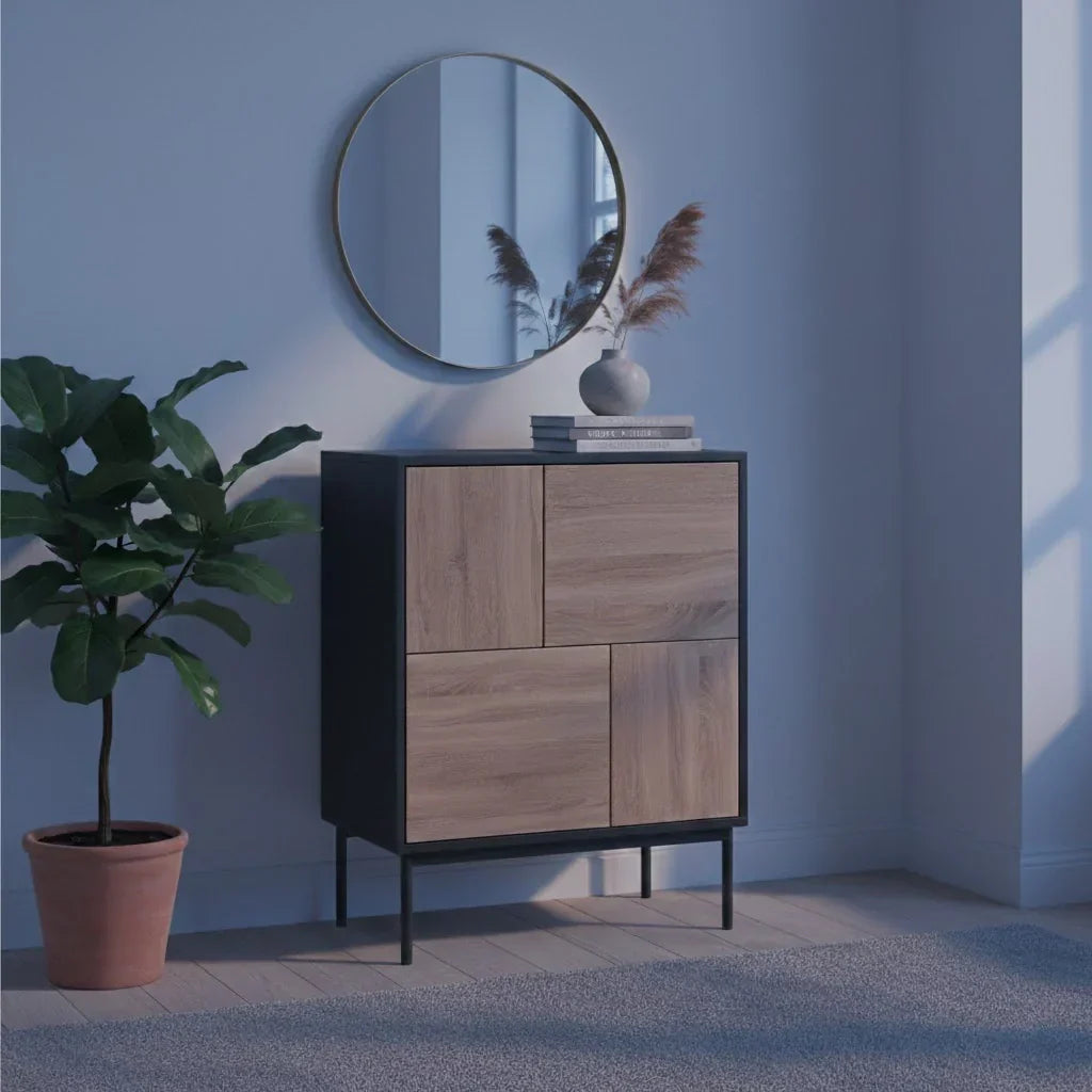 Moderne Kommode mit 4 geschlossenen Fächern – Push-to-Open – Schwarz/Natur