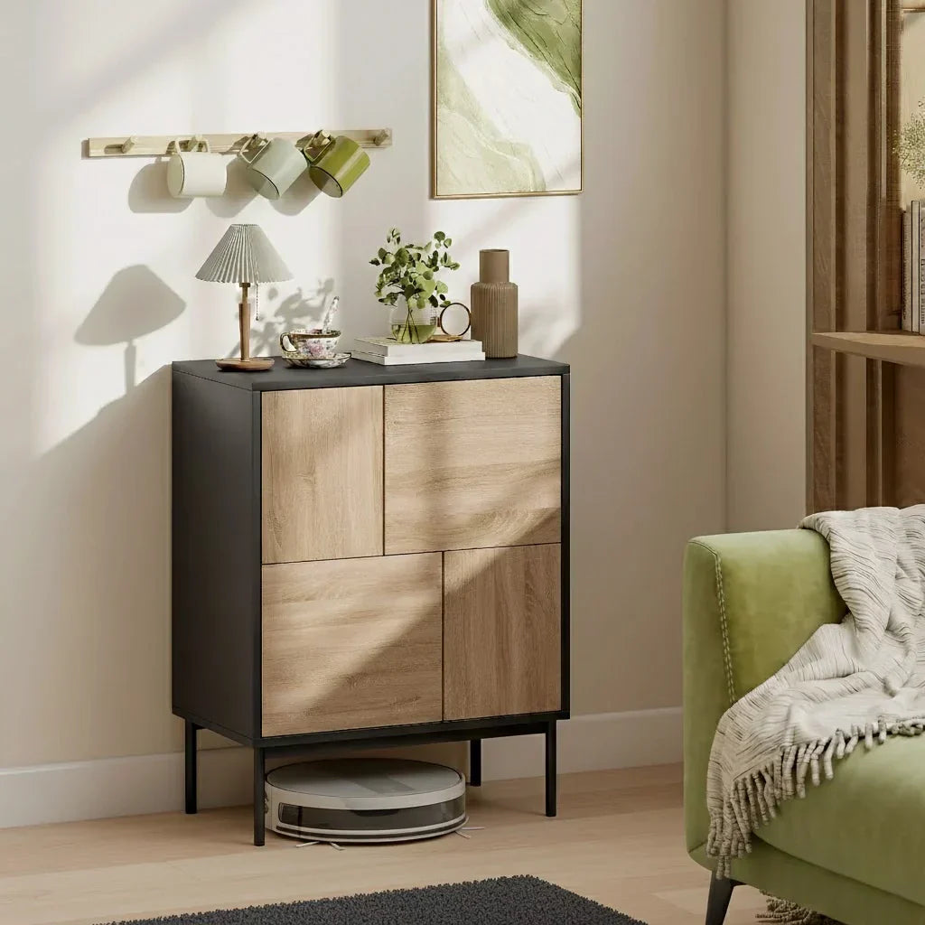 Moderne Kommode mit 4 geschlossenen Fächern – Push-to-Open – Schwarz/Natur