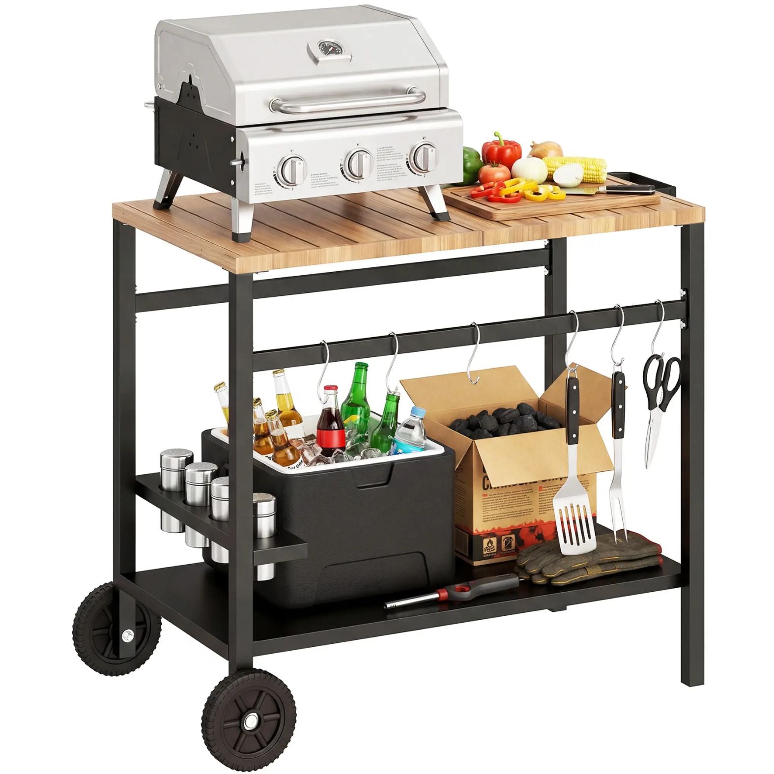 Mobiler Servierwagen mit Rollen und Stauraum – Grilltisch für Innen- und Außenbereich mit Getränkehalter – 97 cm