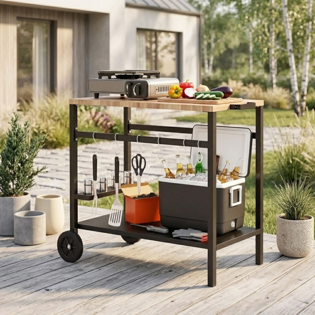Mobiler Servierwagen mit Rollen und Stauraum – Grilltisch für Innen- und Außenbereich mit Getränkehalter – 97 cm
