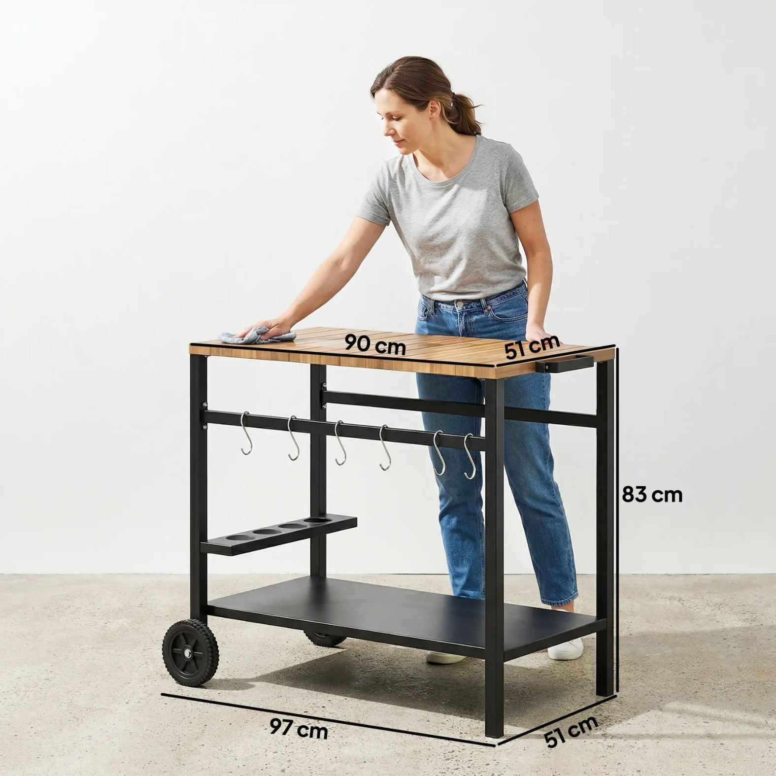 Mobiler Servierwagen mit Rollen und Stauraum – Grilltisch für Innen- und Außenbereich mit Getränkehalter – 97 cm