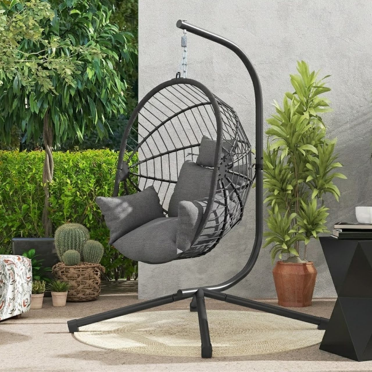 Hängesessel mit Gestell – Klappbares Design mit Extra Dickem Kissen – Für Innen- und Außenbereich – Grau