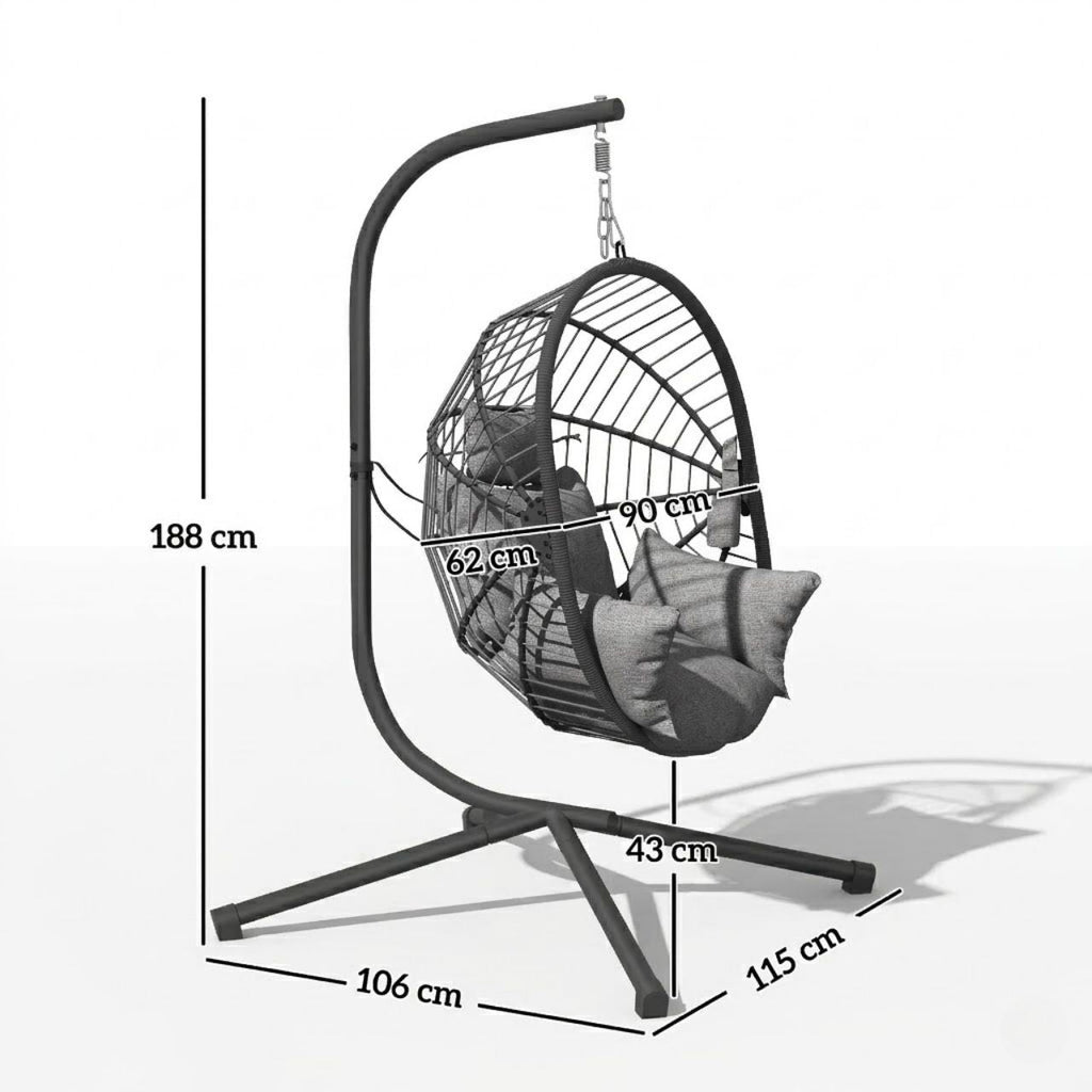 Hängesessel mit Gestell – Klappbares Design mit Extra Dickem Kissen – Für Innen- und Außenbereich – Grau