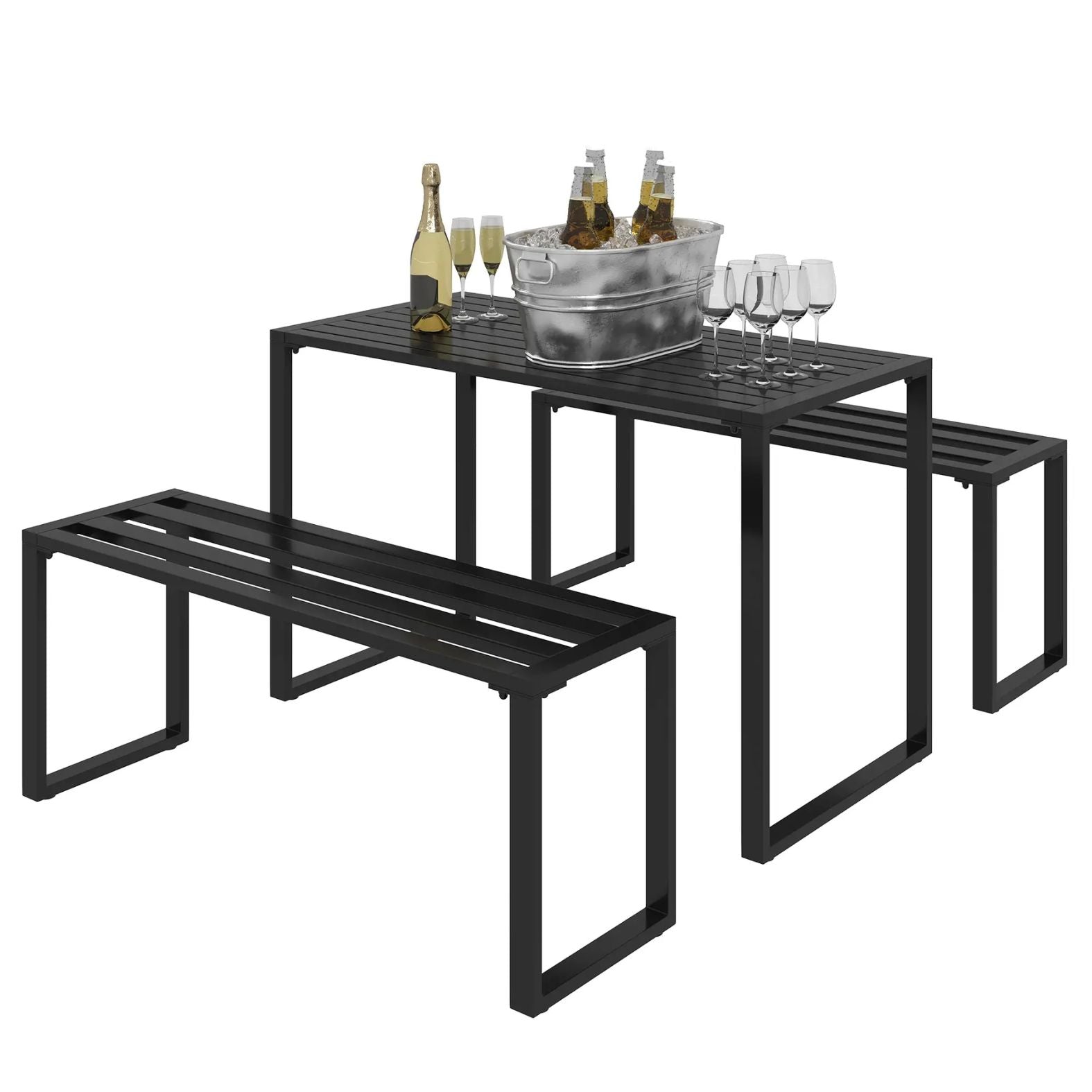 Modernes Gartenset aus Metall – Tisch und 2 Bänke – Schwarz – 4 Personen