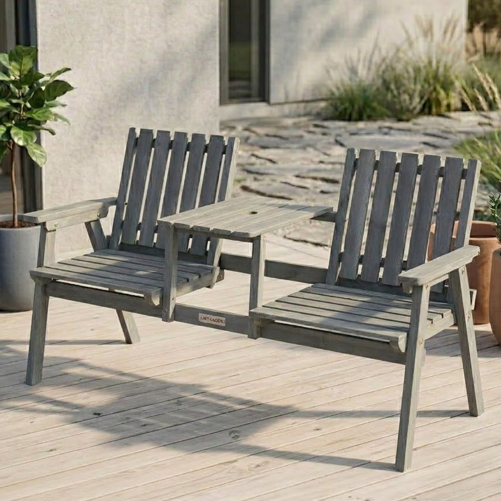 Gartenbank aus Massivholz mit integriertem Tisch – 2-Sitzer – 152 cm – Grau
