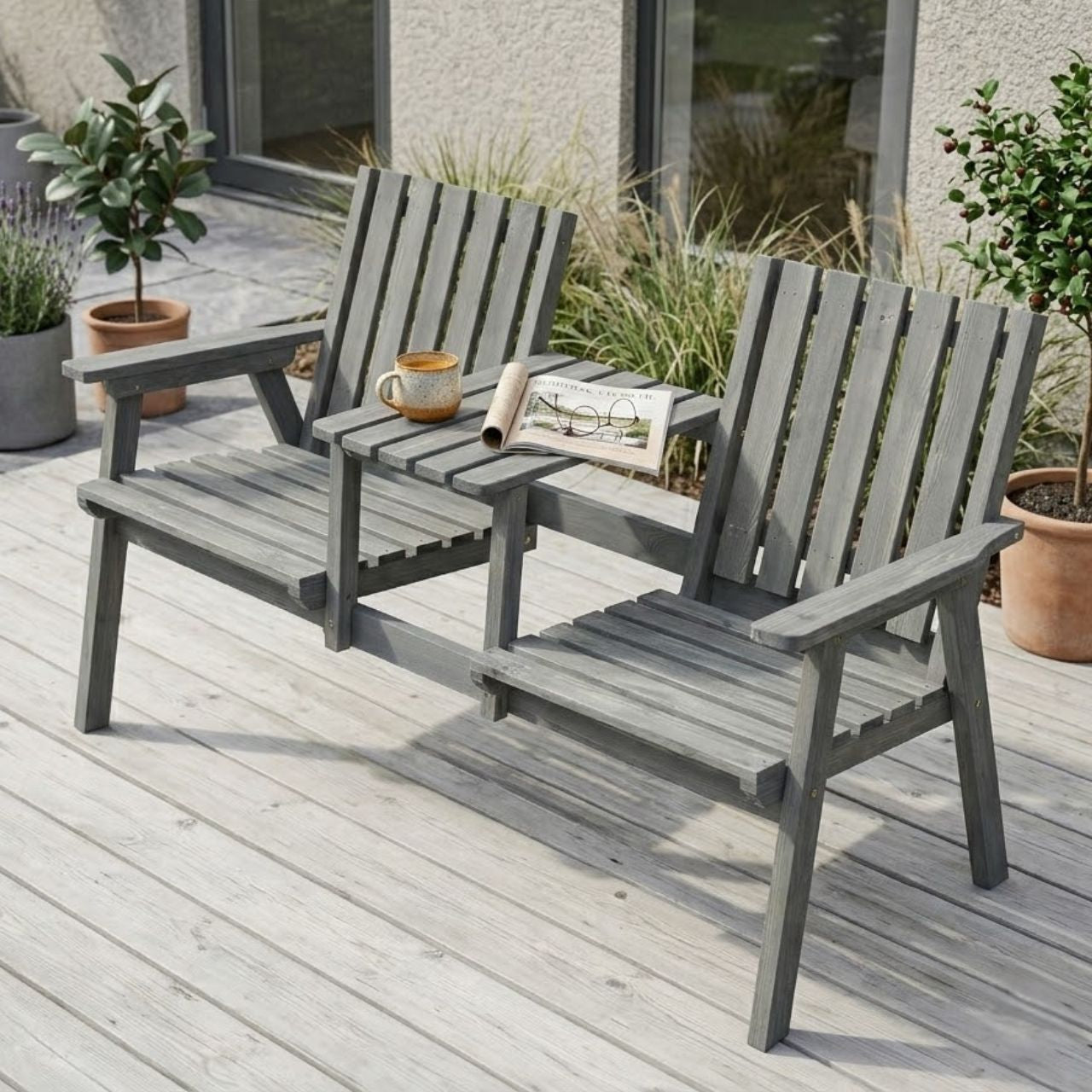 Gartenbank aus Massivholz mit integriertem Tisch – 2-Sitzer – 152 cm – Grau