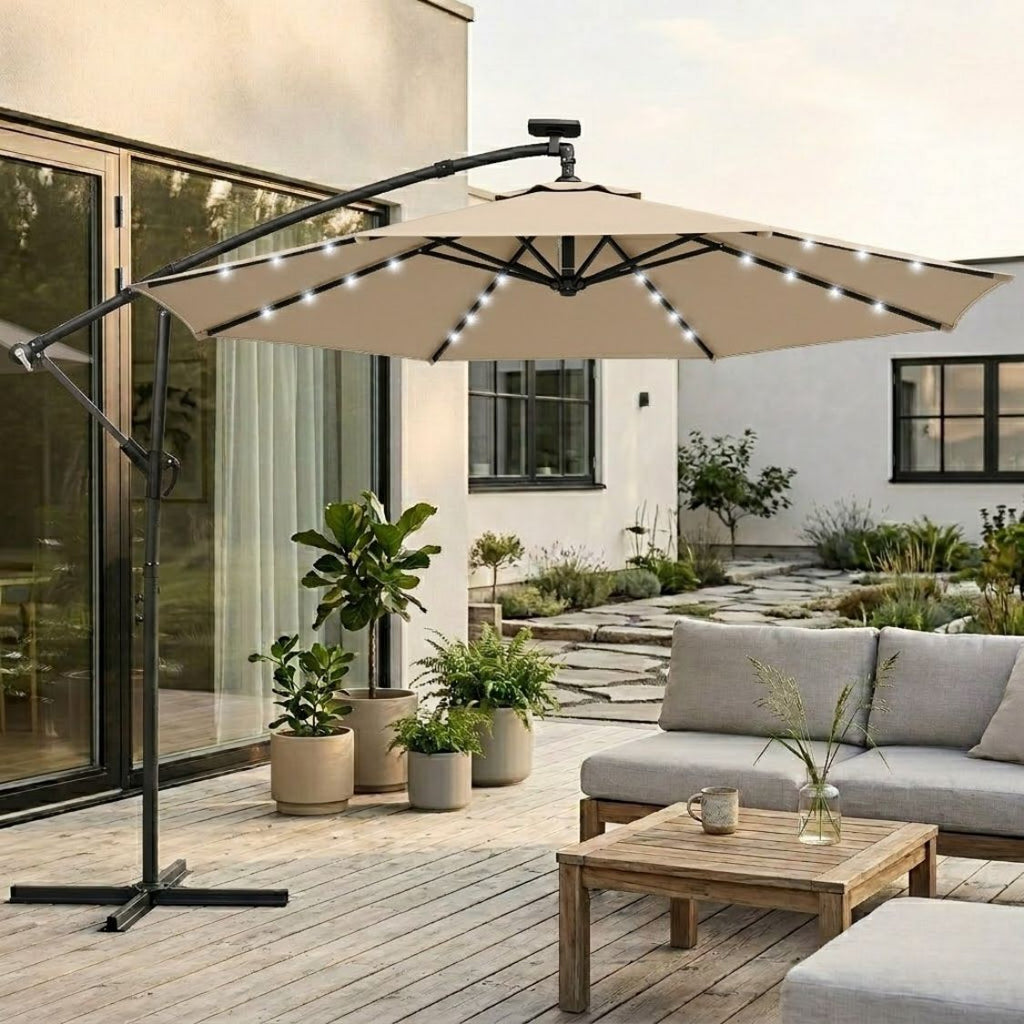 Ampelschirm 3×3 m mit Integrierter LED-Beleuchtung – 360° Verstellbar für Terrasse & Garten
