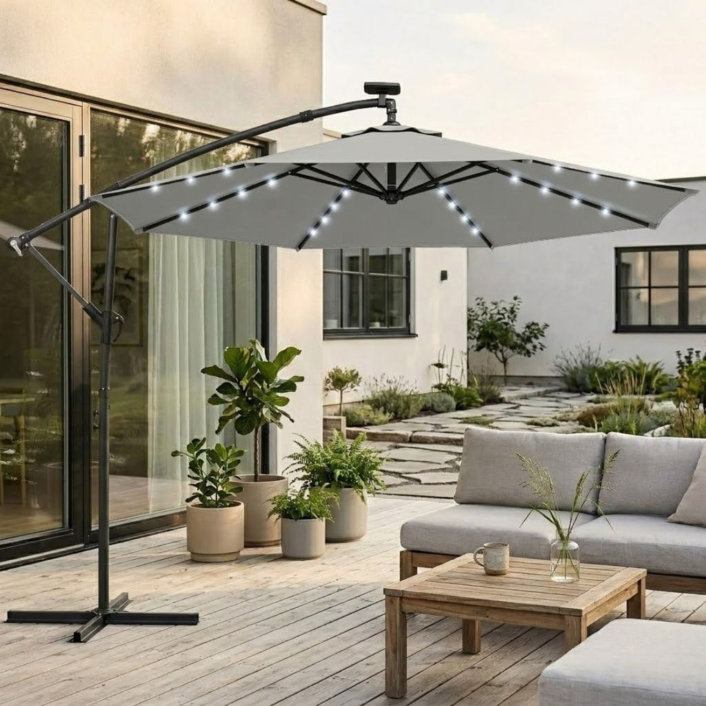 Ampelschirm 3×3 m mit Integrierter LED-Beleuchtung – 360° Verstellbar für Terrasse & Garten