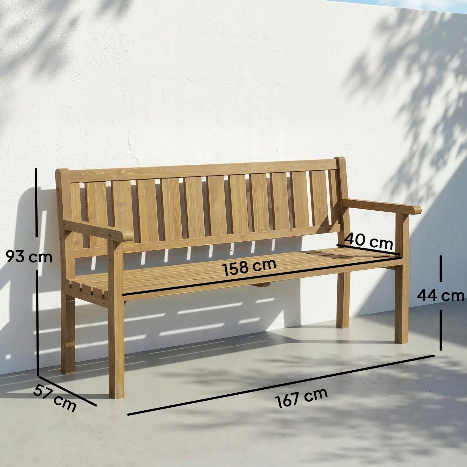 Stabile Gartenbank aus Massivem Tannenholz für 3 Personen – Wetterfeste Parkbank mit Armlehnen – 167 cm