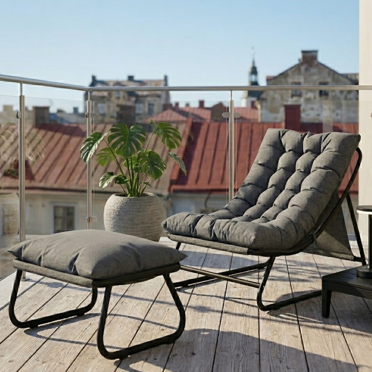 Stilvoller Loungesessel mit Fußhocker – 13 cm Dickes Polster – Dunkelgrau