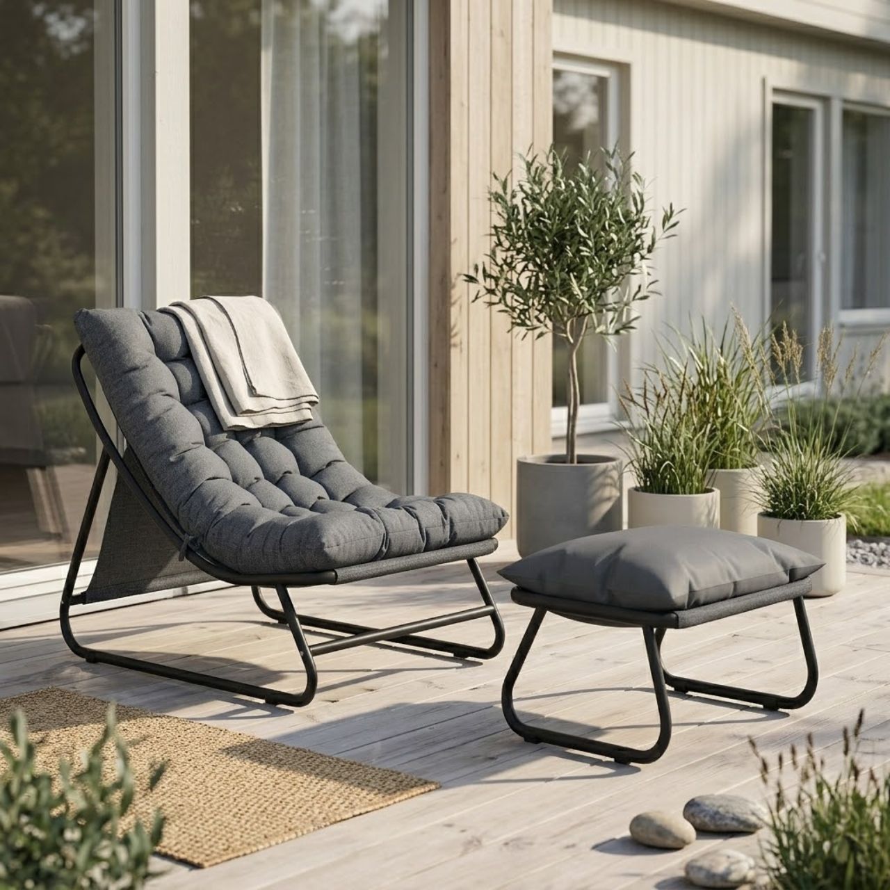 Stilvoller Loungesessel mit Fußhocker – 13 cm Dickes Polster – Dunkelgrau