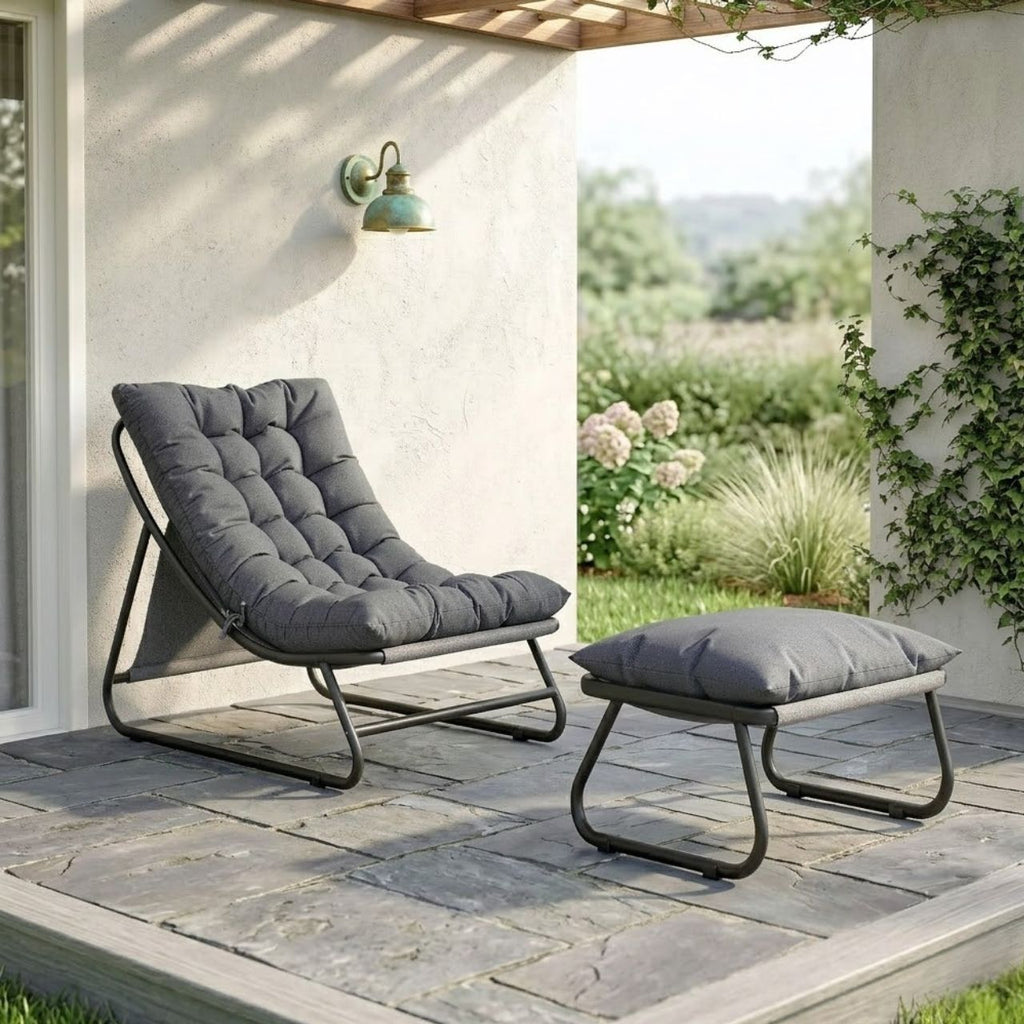 Stilvoller Loungesessel mit Fußhocker – 13 cm Dickes Polster – Dunkelgrau