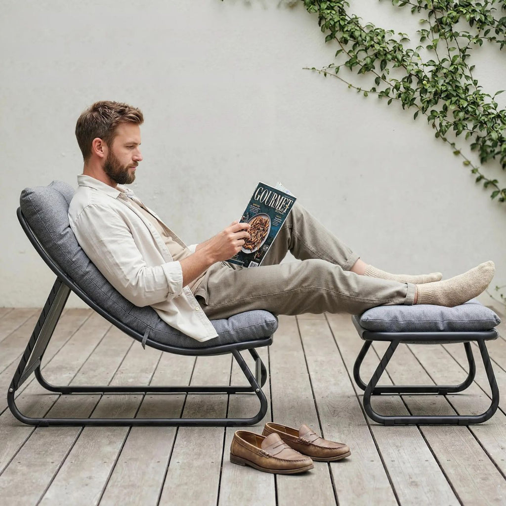 Stilvoller Loungesessel mit Fußhocker – 13 cm Dickes Polster – Dunkelgrau