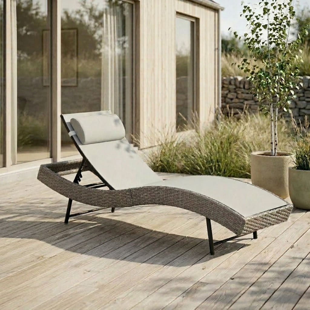 Stilvolle ergonomische S-förmige Sonnenliege aus Polyrattan – Verstellbare Rückenlehne – Grau