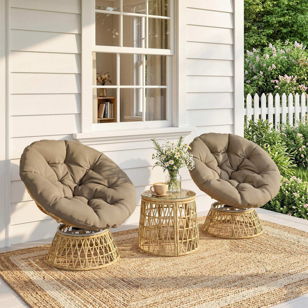Rattan-Loungeset mit 2 drehbaren Sesseln, Tisch und dicken Polstern – 360°-Funktion