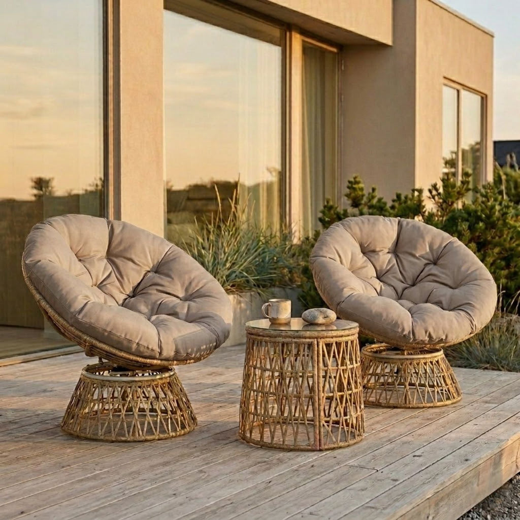 Rattan-Loungeset mit 2 drehbaren Sesseln, Tisch und dicken Polstern – 360°-Funktion