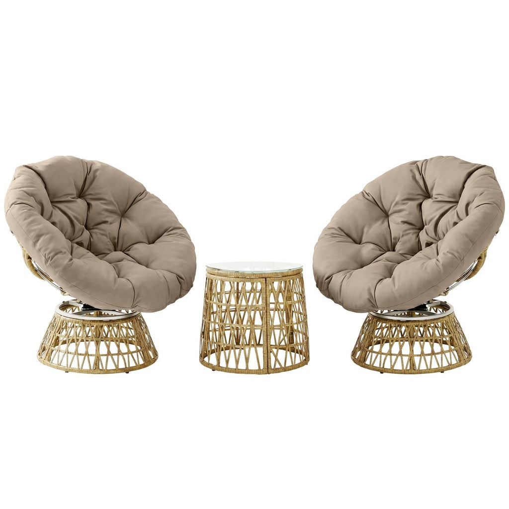 Rattan-Loungeset mit 2 drehbaren Sesseln, Tisch und dicken Polstern – 360°-Funktion