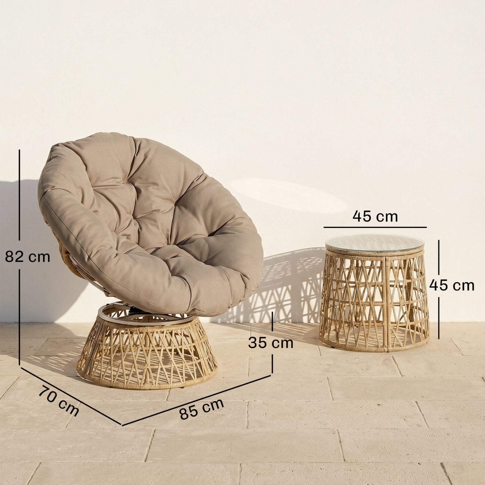 Rattan-Loungeset mit 2 drehbaren Sesseln, Tisch und dicken Polstern – 360°-Funktion