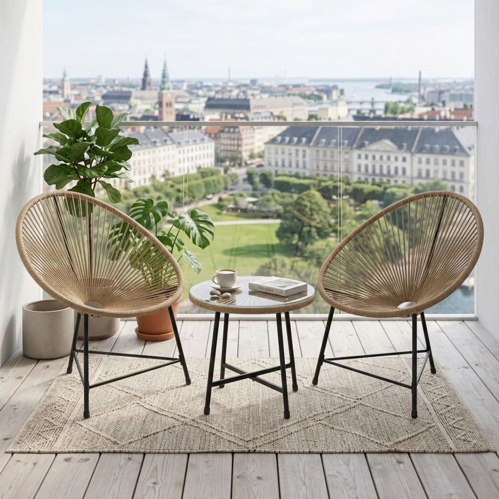 Stilvolle Acapulco Sitzgruppe für Balkon und Terrasse – 2 Sessel und Tisch – Naturfarbenes Rattan