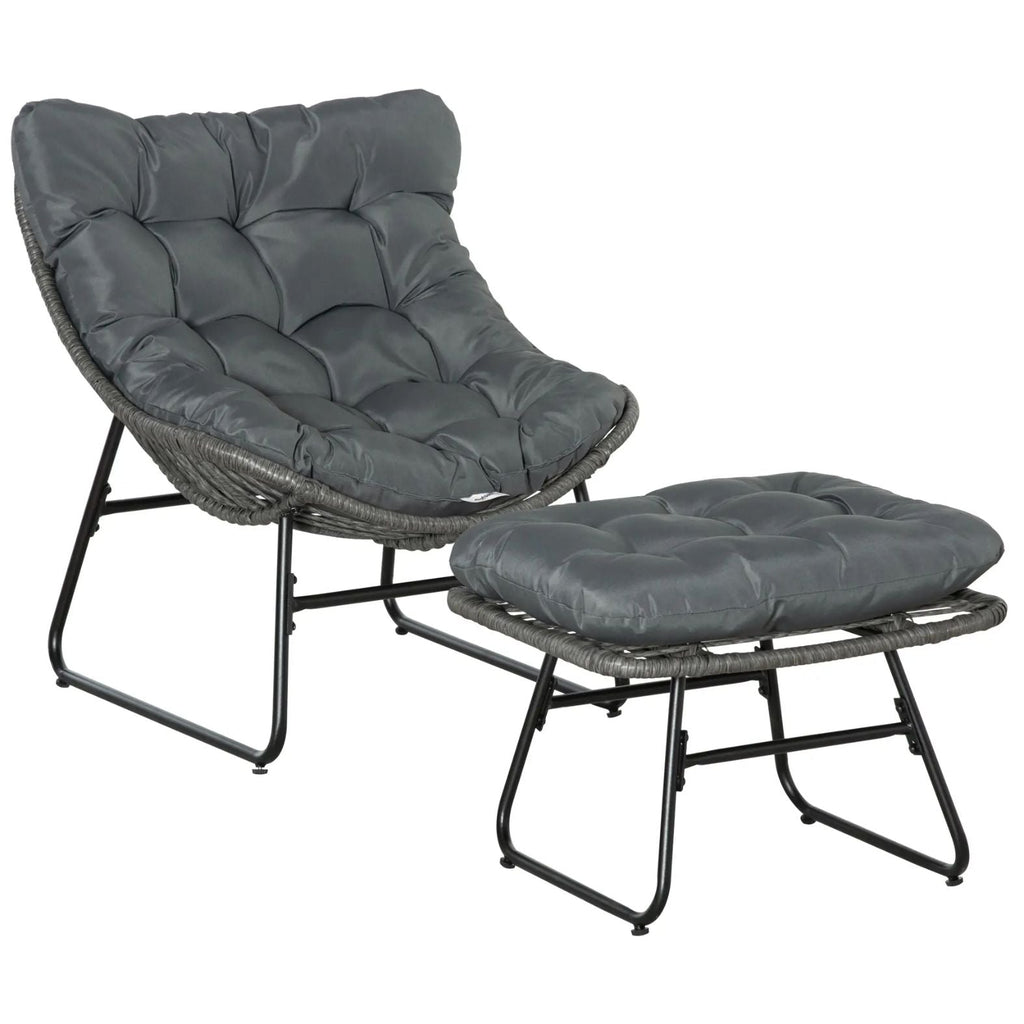 Bequemer Loungesessel aus Polyrattan mit Fußhocker und Dicken Polstern – Komfortabler Relaxsessel für Garten & Balkon – Grau