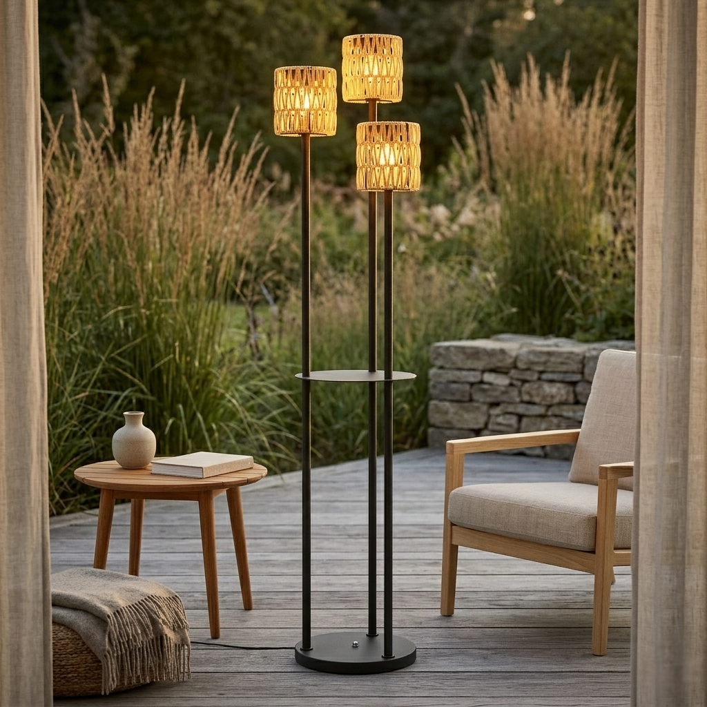 Elegante Solarbetriebene Gartenlampe aus Rattan mit Drei Lampenschirmen