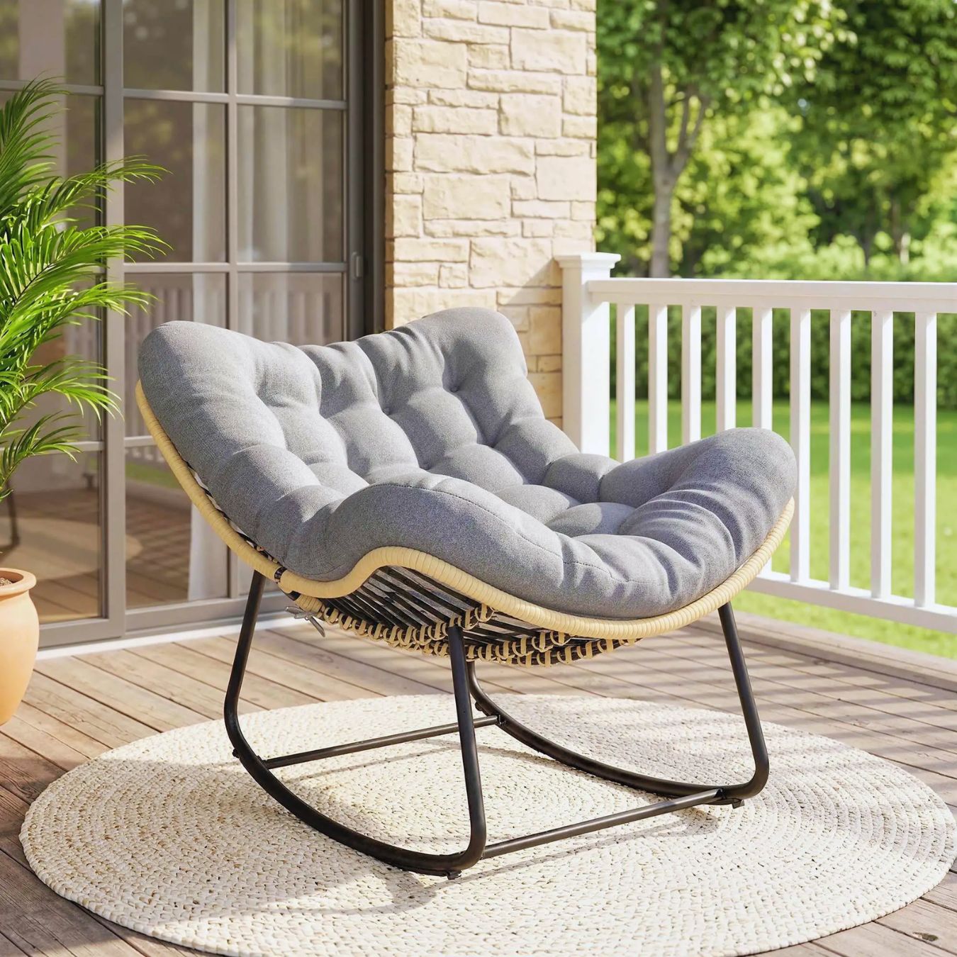 Großer Schaukelnder Lounge-Sessel aus Polyrattan – Dickes Kissen – für Innen und Außen