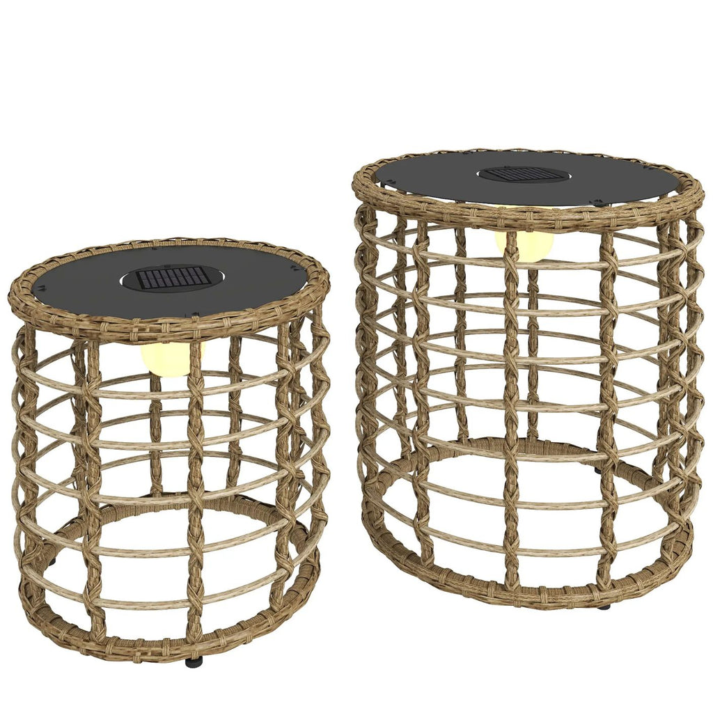 Rattan-Solarlampen – 2er-Set Beistelltische mit Beleuchtung für Terrasse – Ø45 & 35 cm