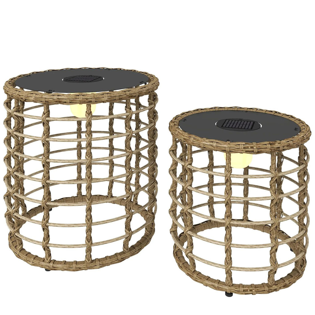 Rattan-Solarlampen – 2er-Set Beistelltische mit Beleuchtung für Terrasse – Ø45 & 35 cm