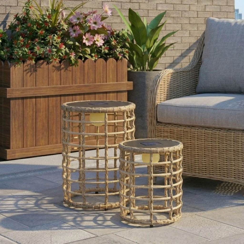 Rattan-Solarlampen – 2er-Set Beistelltische mit Beleuchtung für Terrasse – Ø45 & 35 cm
