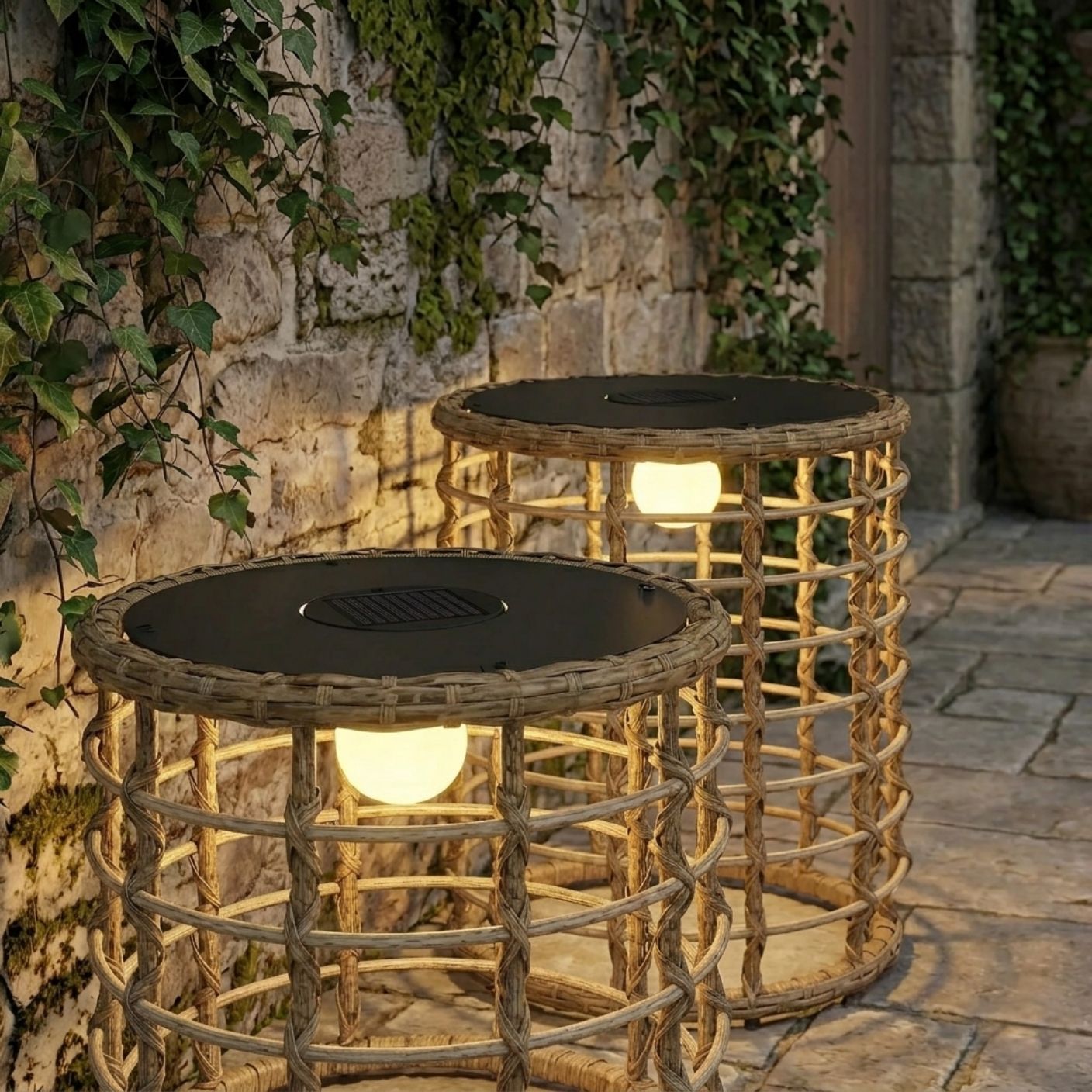 Rattan-Solarlampen – 2er-Set Beistelltische mit Beleuchtung für Terrasse – Ø45 & 35 cm