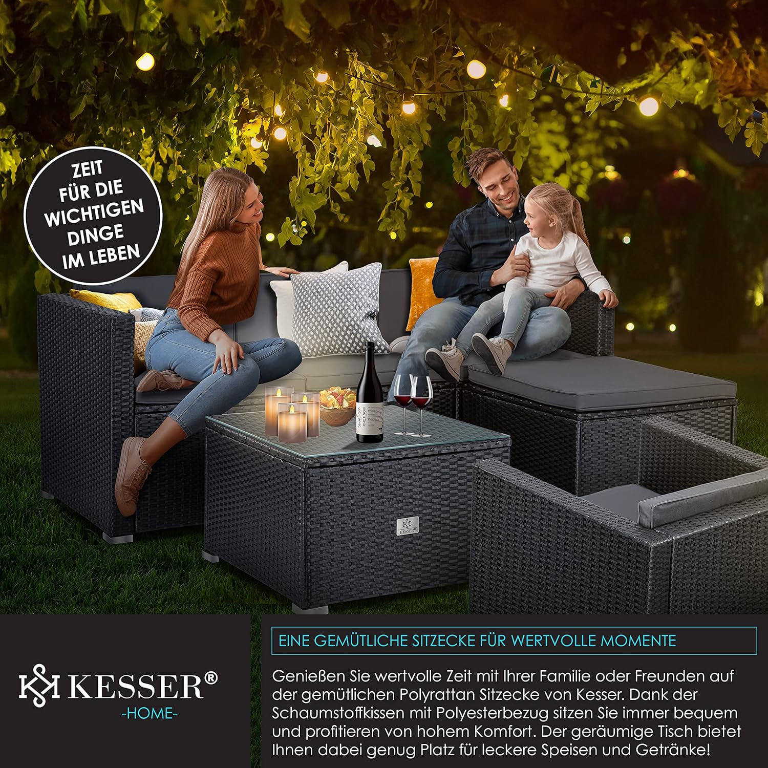 KESSER Polyrattan Lounge Aruba Anthrazit für 4-5 Personen mit Sofa, Sessel, Hocker & Tisch, Wetterfeste Gartenmöbel
