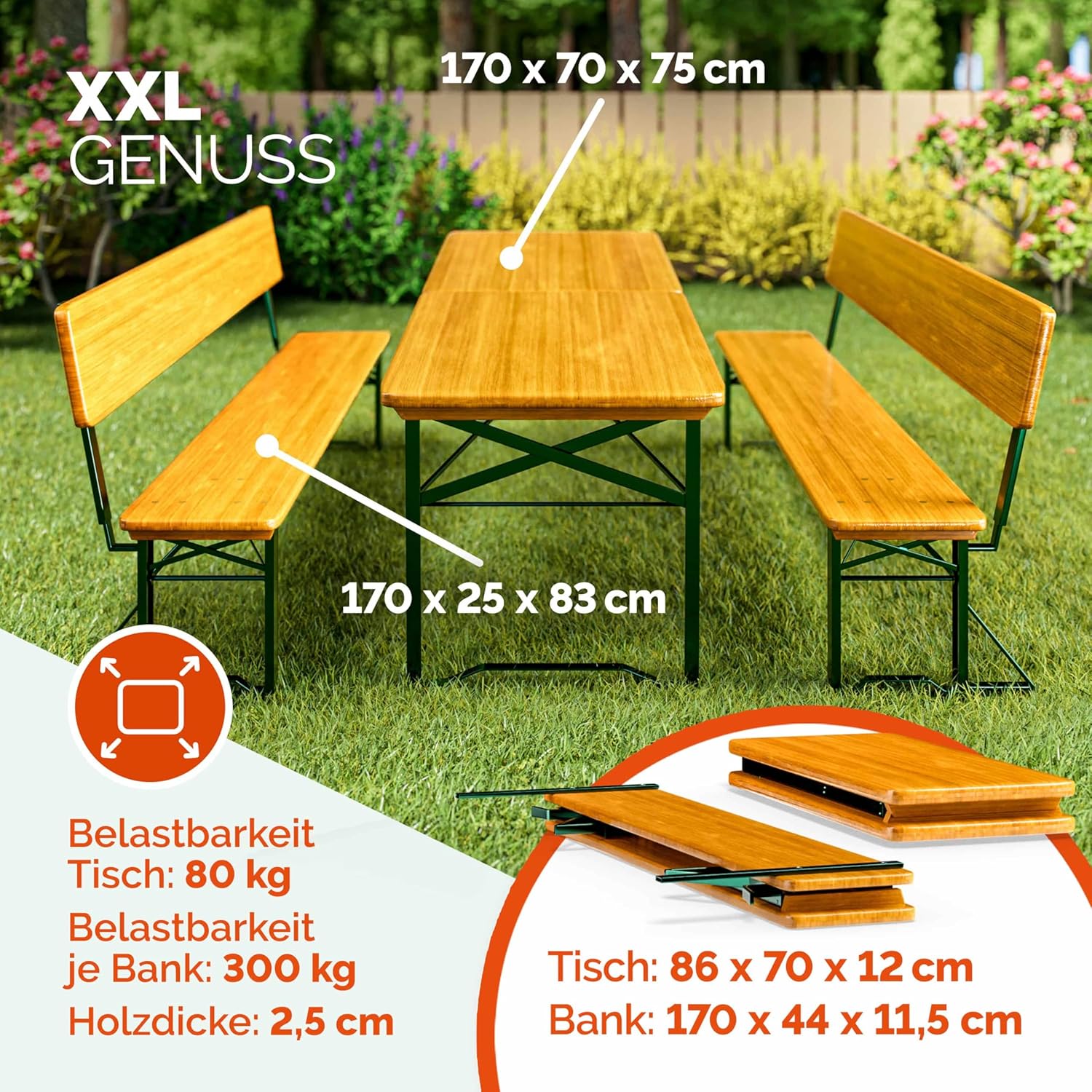 Casaria Bierzeltgarnitur 170 cm Braun Holz Stahl klappbar mit Lehne 3-teilig Bierbank Set Tisch Outdoor