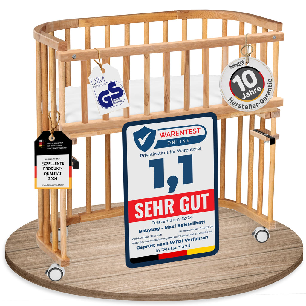 babybay Original Beistellbett aus massivem Buchenholz mit Matratze – Höhenverstellbares mitwachsendes Babybett