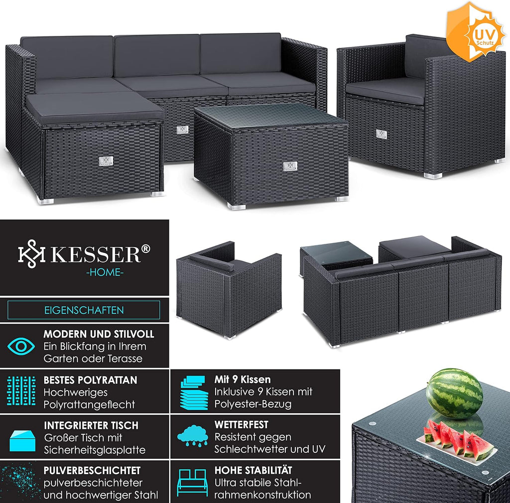 KESSER Polyrattan Lounge Aruba Anthrazit für 4-5 Personen mit Sofa, Sessel, Hocker & Tisch, Wetterfeste Gartenmöbel