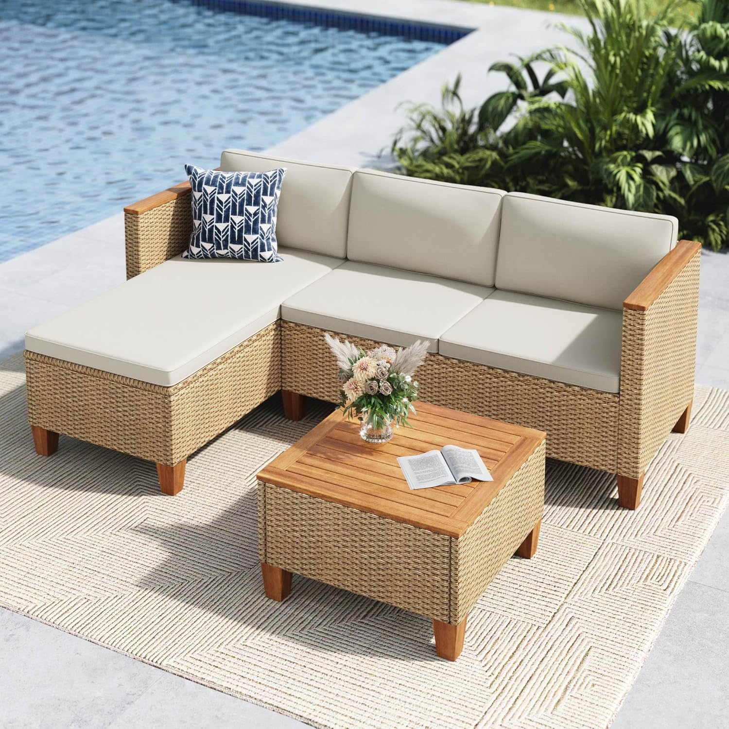 MFSTUDIO Gartenmöbel Set Polyrattan Braun 3-teilig L-Form mit Kissen & Akazienholz Tisch, Lounge Set für 4 Personen