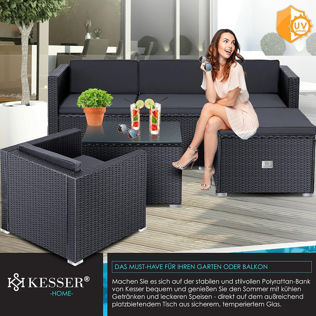 KESSER Polyrattan Lounge Aruba Anthrazit für 4-5 Personen mit Sofa, Sessel, Hocker & Tisch, Wetterfeste Gartenmöbel