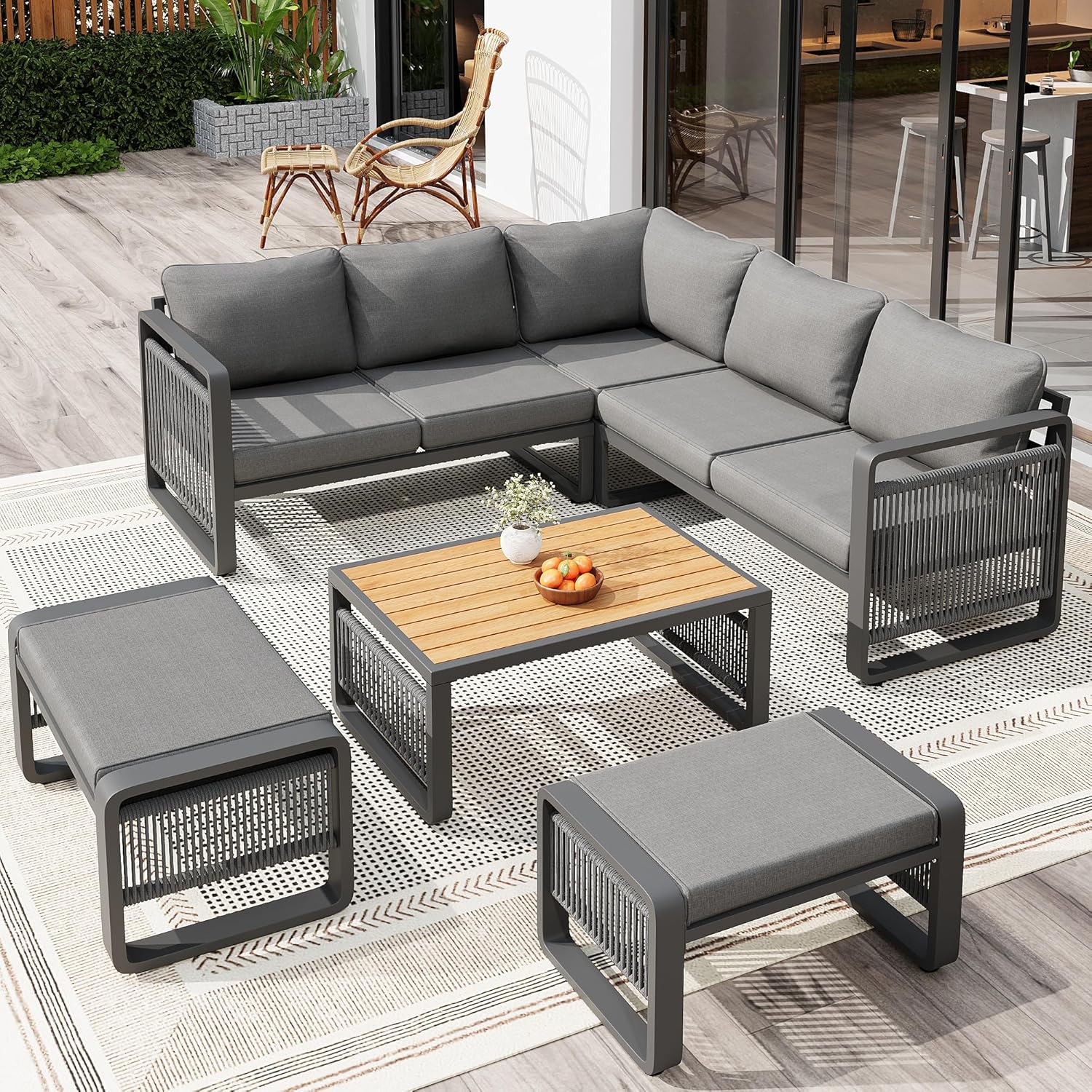 Merax Gartenmöbel Lounge Set Grau für 6-7 Personen, Wetterfestes Gartensofa mit Liege & Eckgarnitur für Terrasse und Balkon