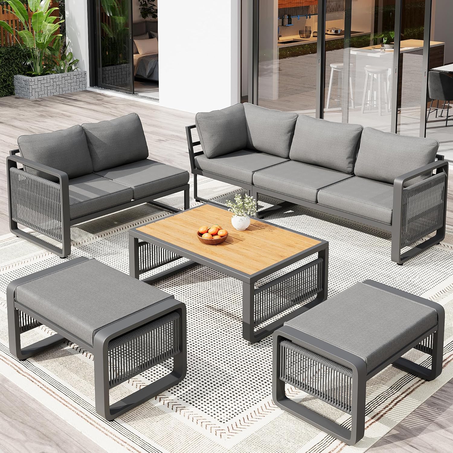 Merax Gartenmöbel Lounge Set Grau für 6-7 Personen, Wetterfestes Gartensofa mit Liege & Eckgarnitur für Terrasse und Balkon