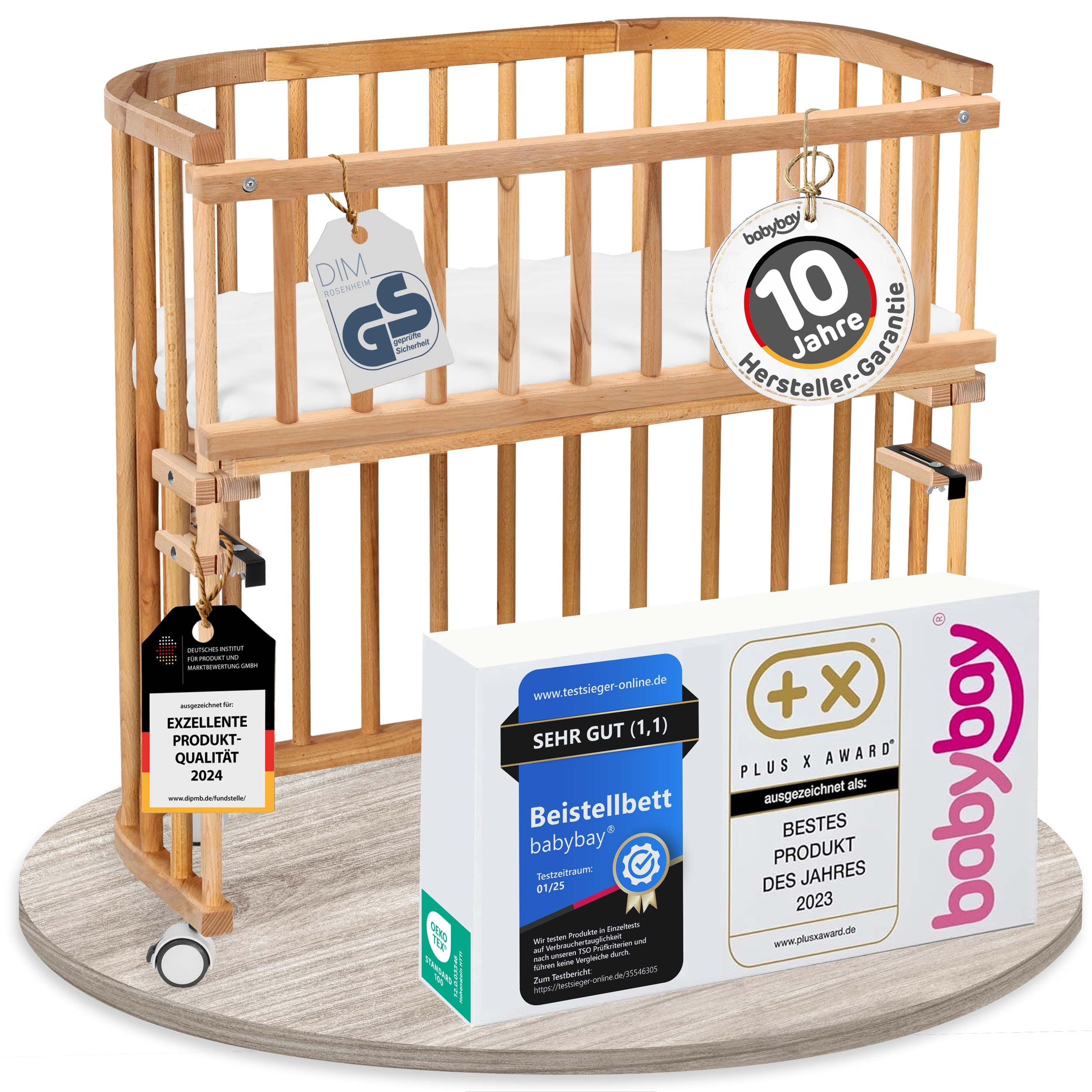 babybay Original Beistellbett aus massivem Buchenholz mit Matratze – Höhenverstellbares mitwachsendes Babybett