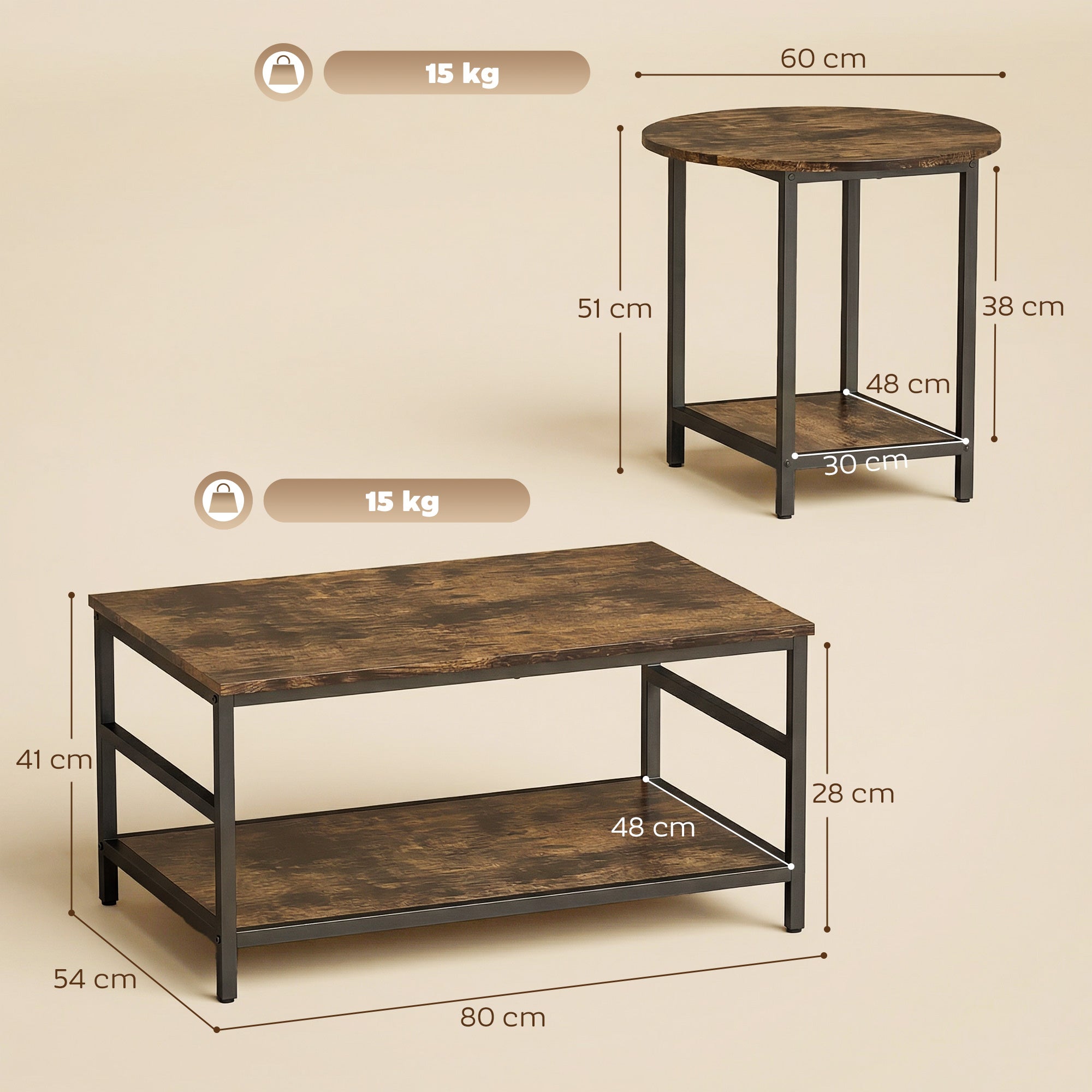 Couchtisch-Set 2-teilig mit Stauraum – Runder und Rechteckiger Satztisch im Industriellen Stil – Rustikal Braun