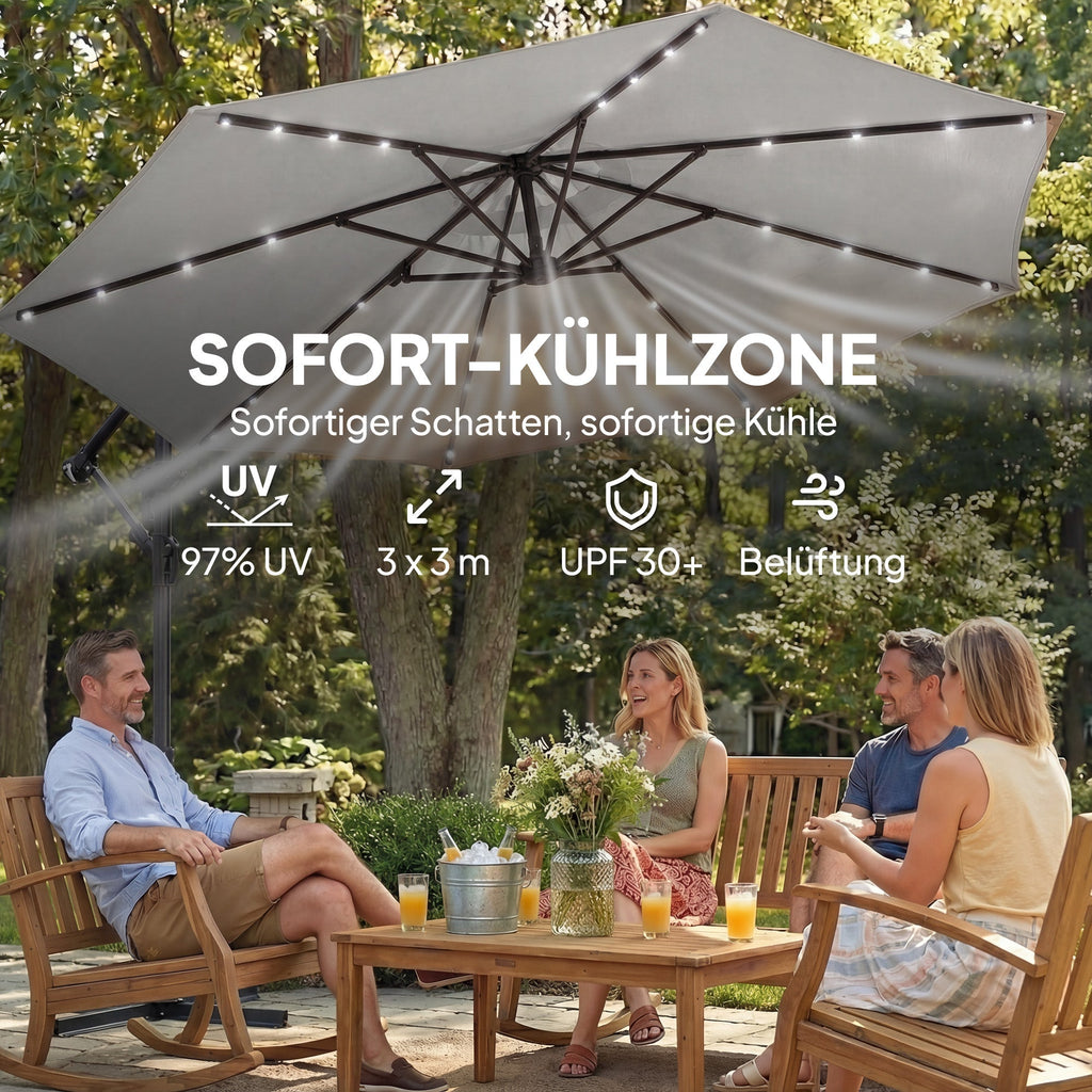 Ampelschirm 3×3 m mit Integrierter LED-Beleuchtung – 360° Verstellbar für Terrasse & Garten