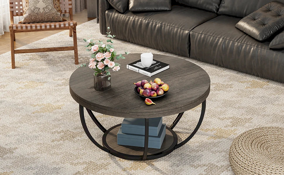 Eleganter Runder Couchtisch mit Ablageboden – Bogenförmiger Stahlrahmen – Ø80,5 cm