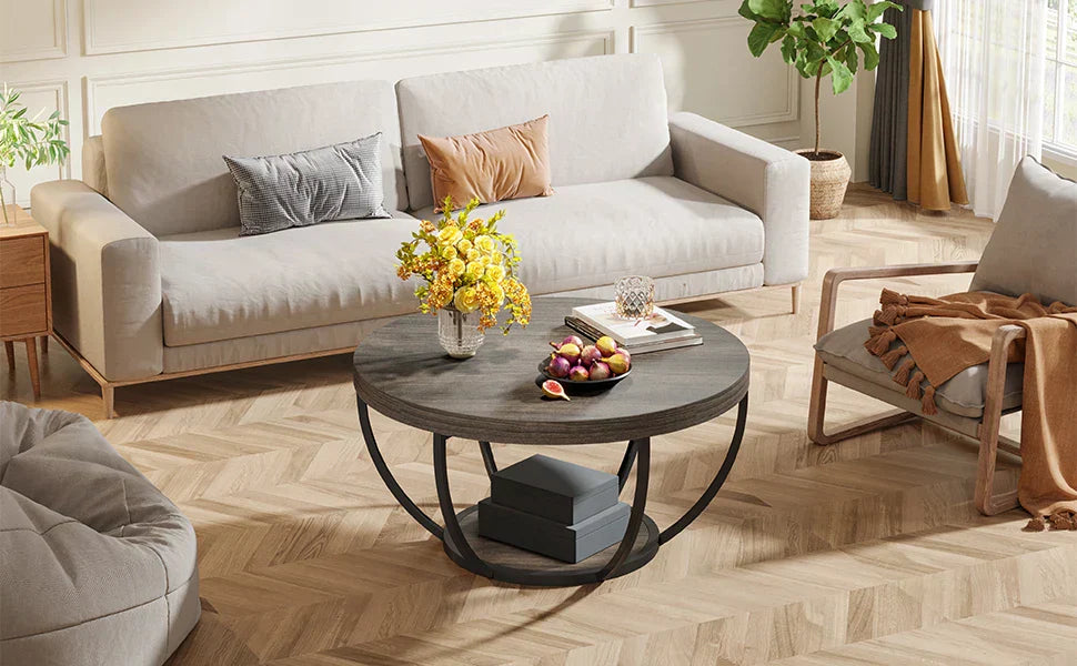Eleganter Runder Couchtisch mit Ablageboden – Bogenförmiger Stahlrahmen – Ø80,5 cm