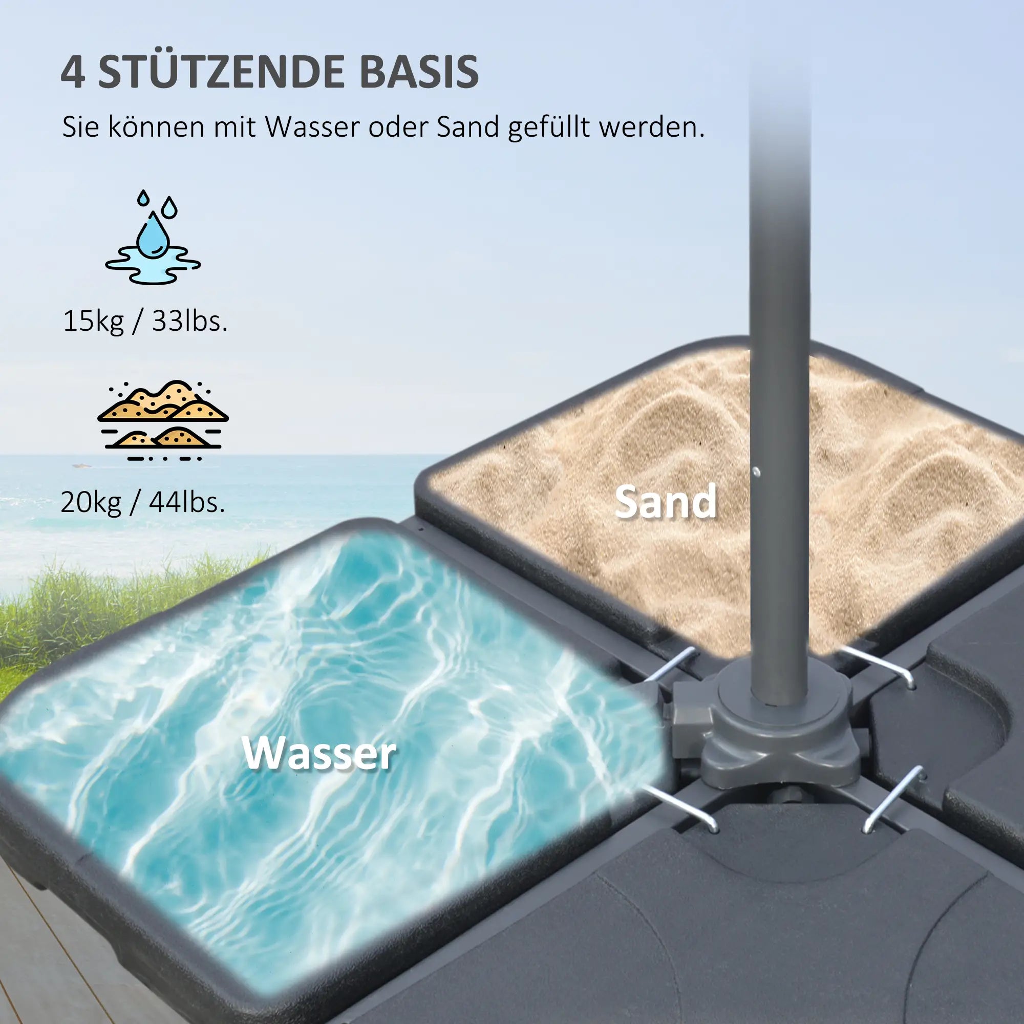 Moderner Hängeampelschirm mit Kreuzfuß und Gewichten – Verstellbarer Sonnenschirm mit UV-Schutz – Ø292 cm – Grau