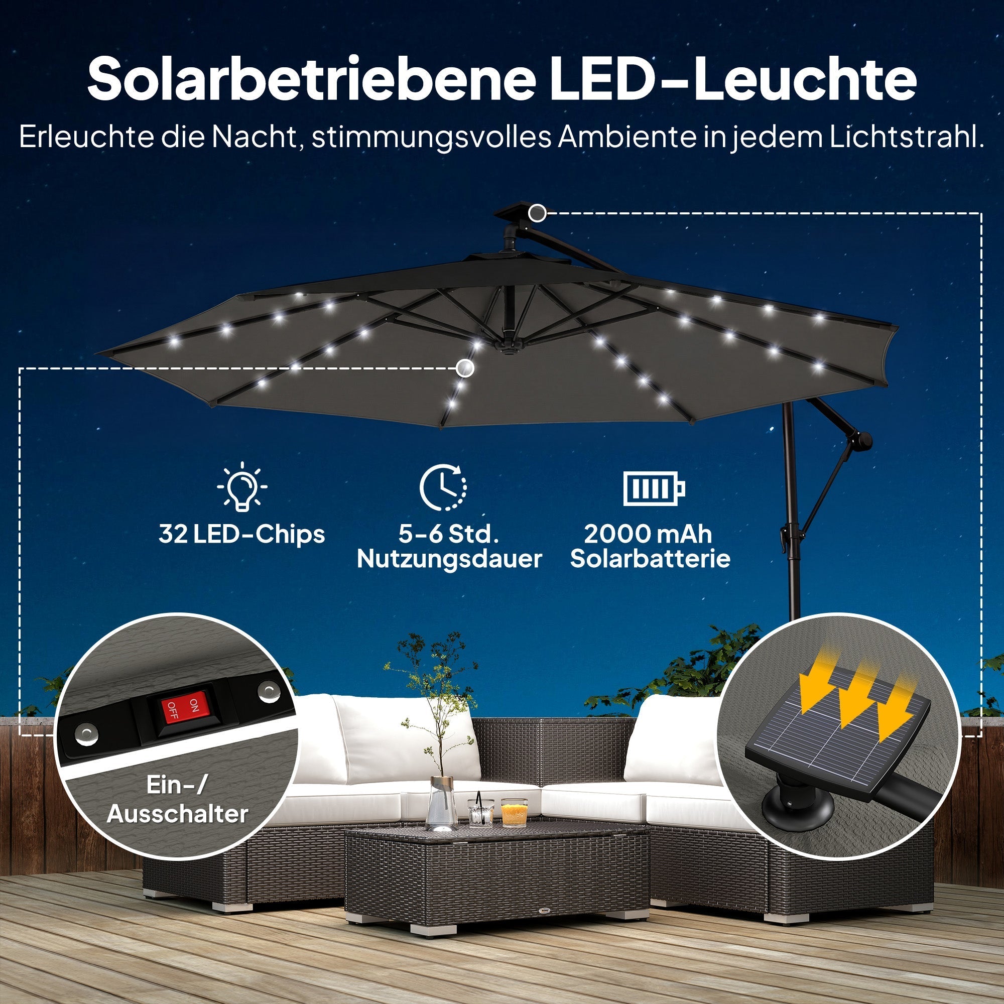 Ampelschirm 3×3 m mit Integrierter LED-Beleuchtung – 360° Verstellbar für Terrasse & Garten