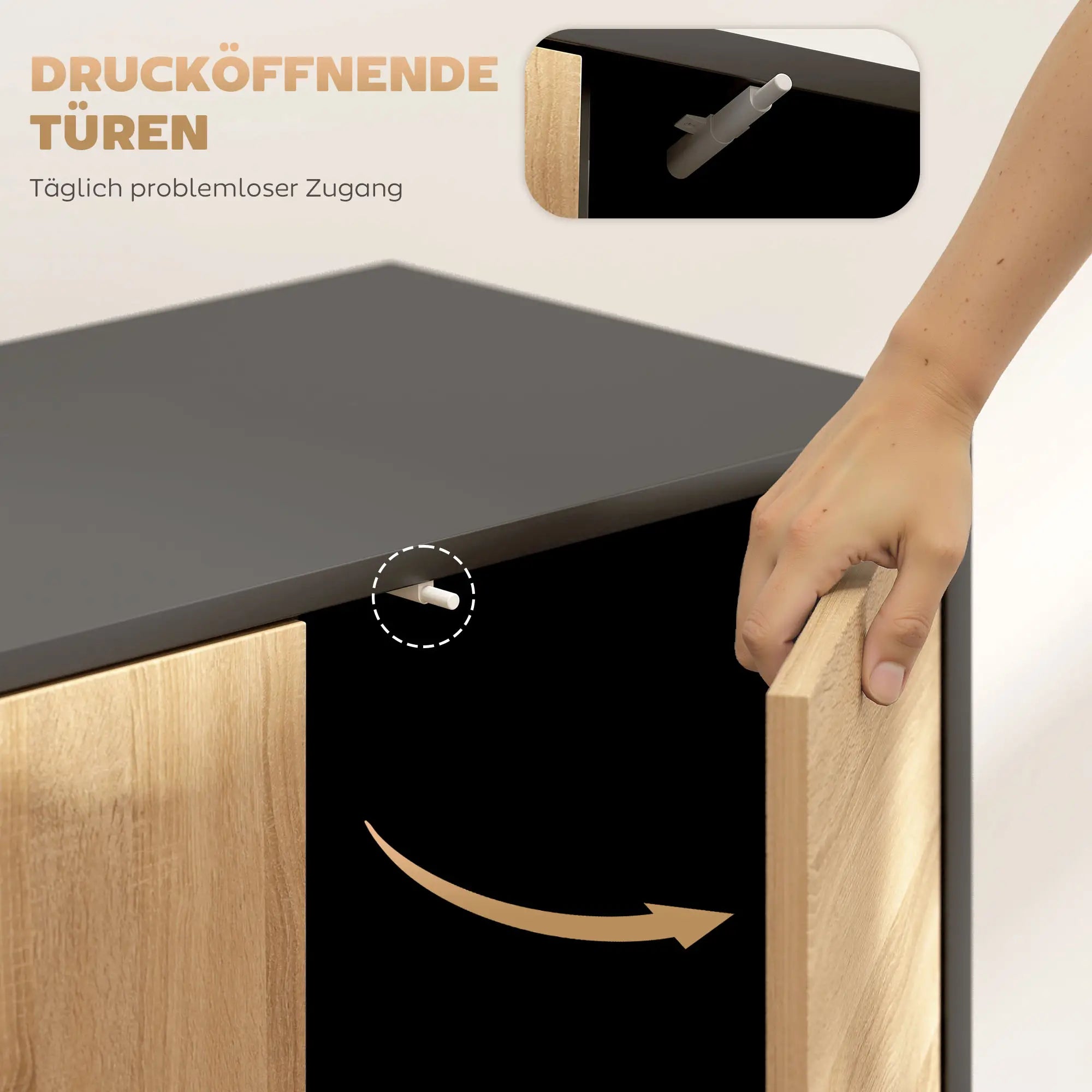 Moderne Kommode mit 4 geschlossenen Fächern – Push-to-Open – Schwarz/Natur